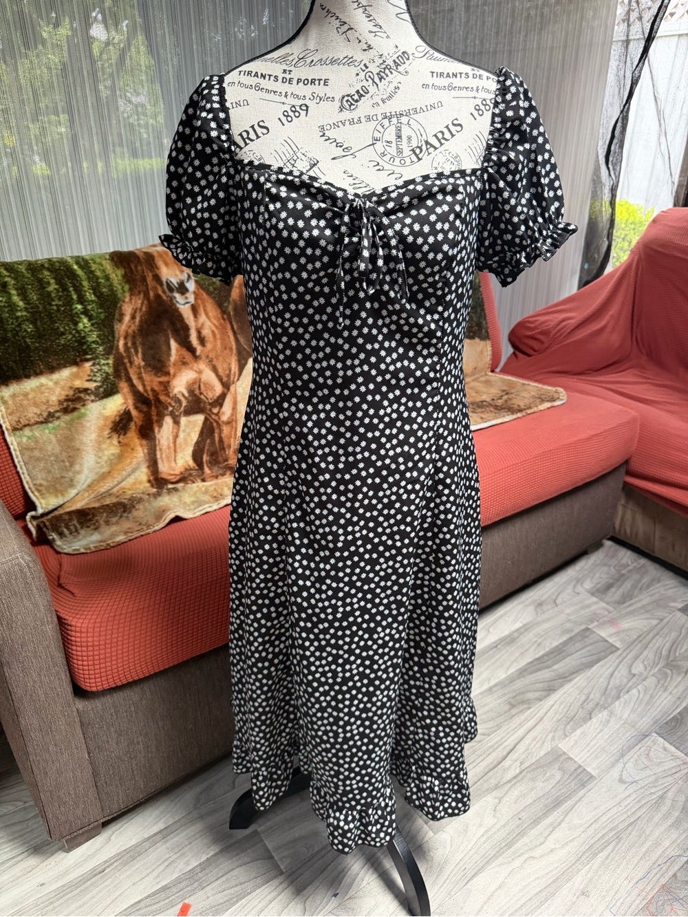 SHEIN Black & White Polka Dot Puff-Sleeve Midi Dress